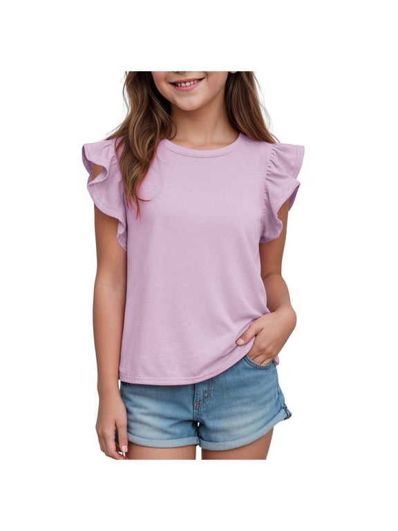 Girls Flutter Sleeve Top with Crew Neck Solid Blouse Shape and Relaxed Fit (Purple,4-5 Years)