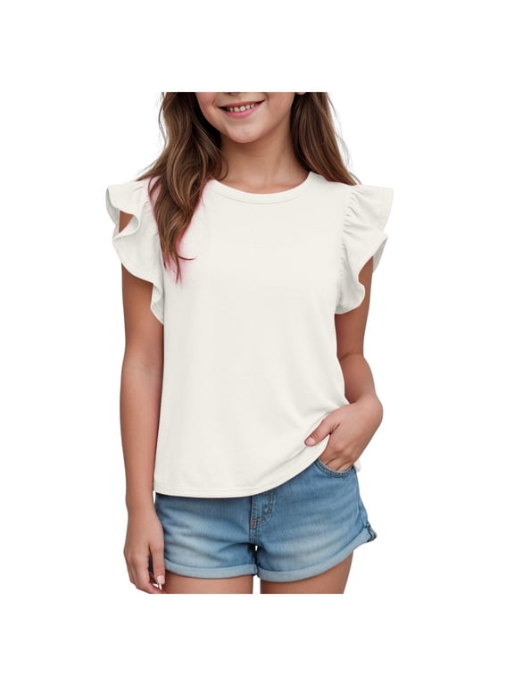 Girls Flutter Sleeve Top with Crew Neck Solid Blouse Shape and Relaxed Fit (White,3-4 Years)