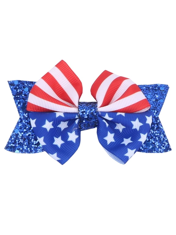 Girls Hair Bow Clip with Glitter Blue Base and Striped Loops 4th of July Blue