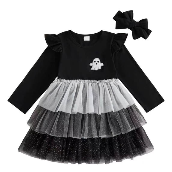 ASEIDFNSA Girls Halloween Ghost Dress with Headband Long Sleeves Tulle Skirt and Ruffle Hem (Black,4-5 Years)