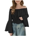 thumbnail image 1 of ASEIDFNSA Girls Off Shoulder Crop Blouse with Bell Cuffs Shirred Waist and Flowy Shape (Black,11-12 Years), 1 of 4