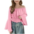 thumbnail image 1 of ASEIDFNSA Girls Off Shoulder Crop Blouse with Bell Cuffs Shirred Waist and Flowy Shape (Pink,7-8 Years), 1 of 4