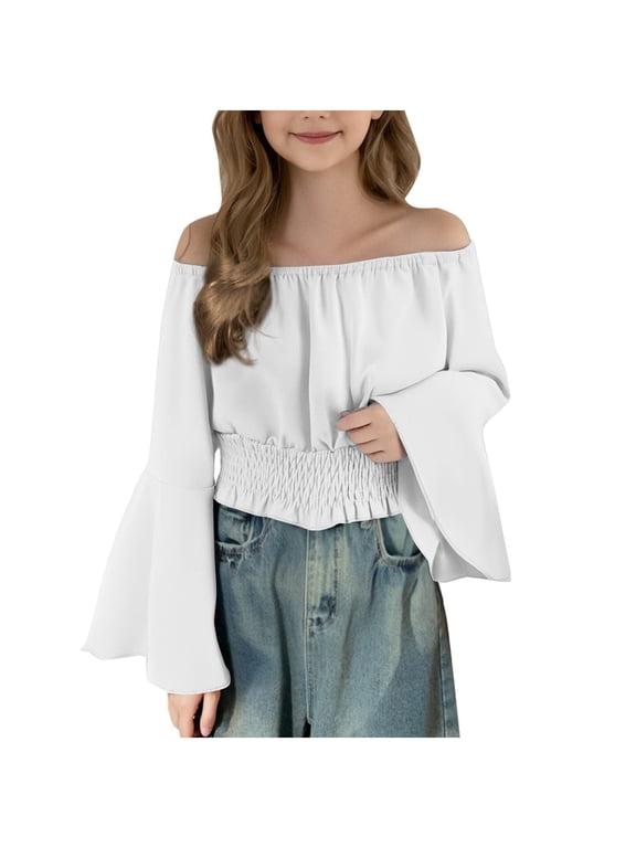 Girls Off Shoulder Crop Blouse with Bell Cuffs Shirred Waist and Flowy Shape (White,11-12 Years)