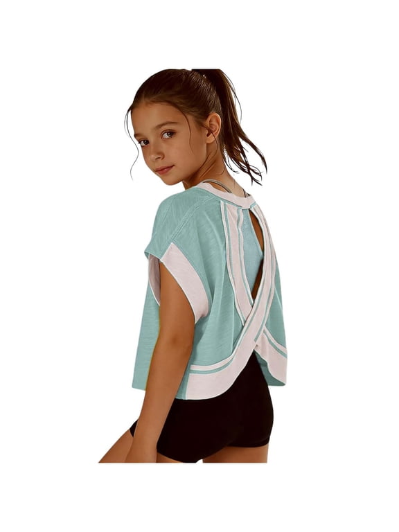 Girls Open Back Crop Top with Crossover Straps Relaxed Fit and Yoga Tee Shape (Green,11-12 Years)