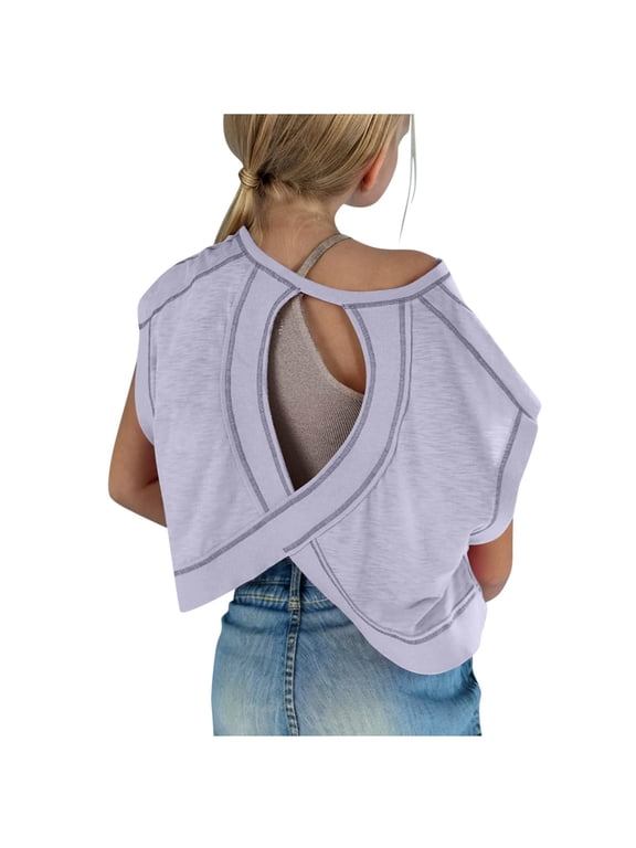 Girls Open Back Crop Top with Crossover Straps Relaxed Fit and Yoga Tee Shape (Purple,13-14 Years)