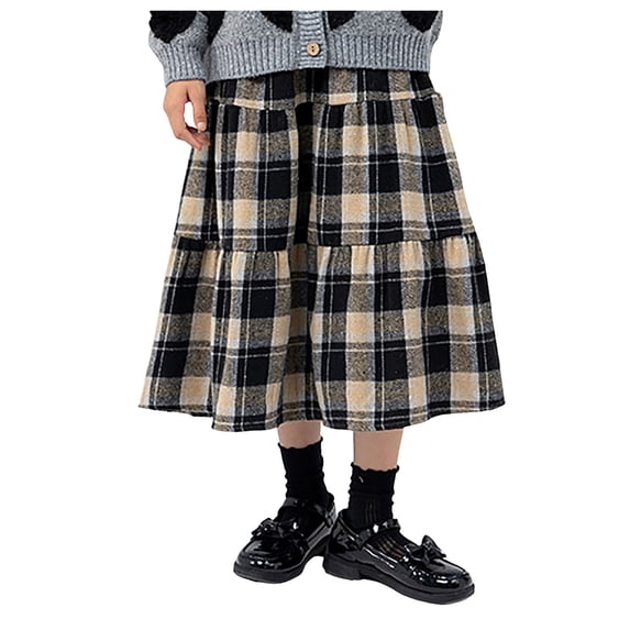 ASEIDFNSA Girls Plaid Skirt with Elastic High Waist Button Front Tiered Hem and A Line Fit (Black,4-5 Years)
