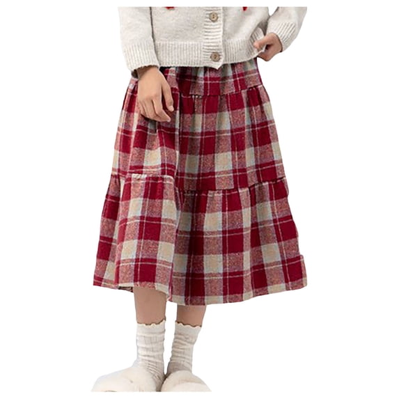 ASEIDFNSA Girls Plaid Skirt with Elastic High Waist Button Front Tiered Hem and A Line Fit (Red,6-7 Years)