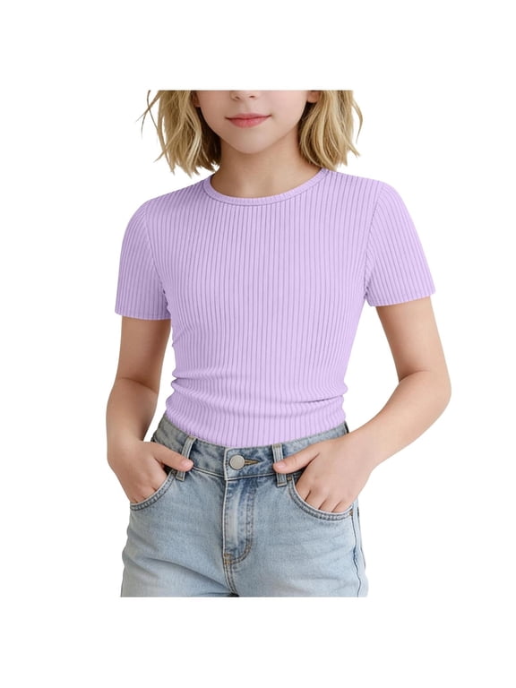 Girls Ribbed Tee Top with Crew Neck Fitted Crop Shape and Soft Knit Texture (Purple,9-10 Years)