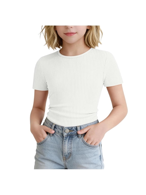 Girls Ribbed Tee Top with Crew Neck Fitted Crop Shape and Soft Knit Texture (White,11-12 Years)