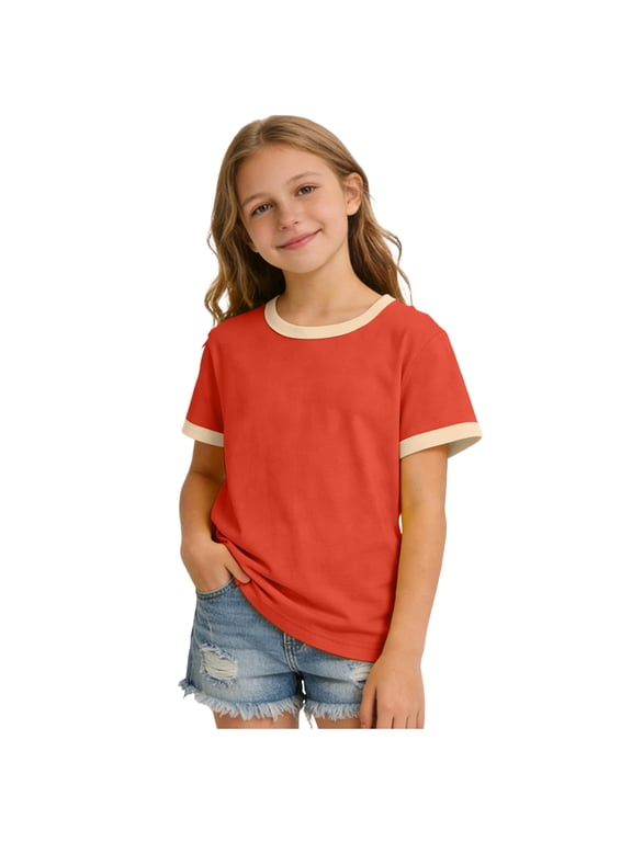 Girls Ringer Tee with Contrast Trim Crew Neck Color Block Detail and Soft Fabric (Red,6-7 Years)