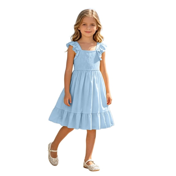 ASEIDFNSA Girls Ruffle Sleeve Boho Dress with Tiered Hem Soft Fabric and A Line Skirt (Blue,8-9 Years)