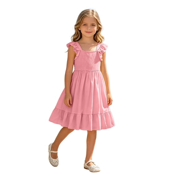 ASEIDFNSA Girls Ruffle Sleeve Boho Dress with Tiered Hem Soft Fabric and A Line Skirt (Pink,4-5 Years)