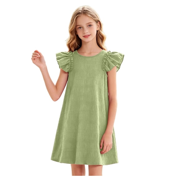 ASEIDFNSA Girls Ruffle Sleeve Dress with Layered Shoulders Solid Color and Swing Hem (Green,14-15 Years)