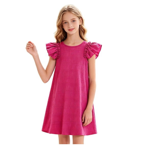 ASEIDFNSA Girls Ruffle Sleeve Dress with Layered Shoulders Solid Color and Swing Hem (Pink,8-9 Years)