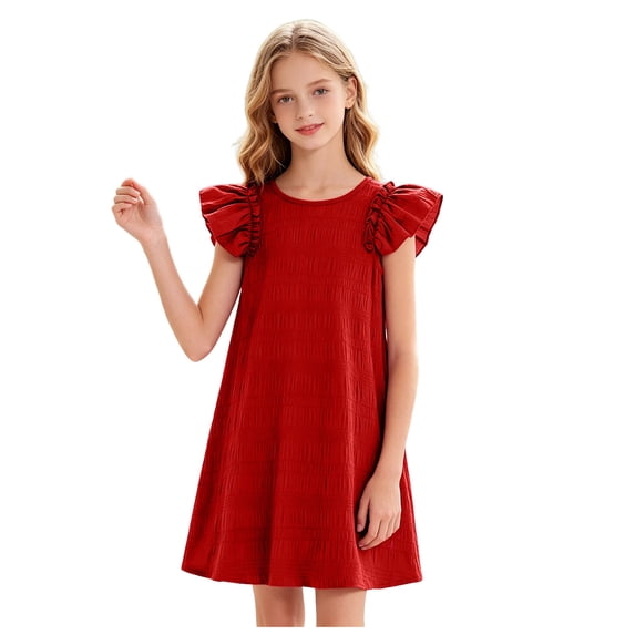 ASEIDFNSA Girls Ruffle Sleeve Dress with Layered Shoulders Solid Color and Swing Hem (Red,10-11 Years)
