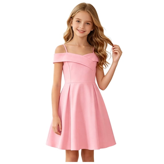 ASEIDFNSA Girls Sleeveless Off Shoulder Dress with Ruffle Neckline and A Line Skirt (Pink,6-7 Years)