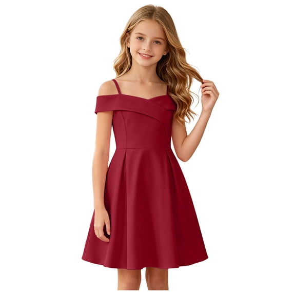 ASEIDFNSA Girls Sleeveless Off Shoulder Dress with Ruffle Neckline and A Line Skirt (Red,8-9 Years)