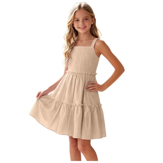 ASEIDFNSA Girls Sleeveless Ruffle Dress with Tiered Hem Smocked Bodice and A Line Fit (Beige,13-14 Years)