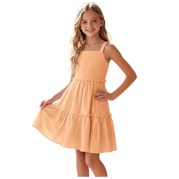 ASEIDFNSA Girls Sleeveless Ruffle Dress with Tiered Hem Smocked Bodice and A Line Fit (Orange,7-8 Years)