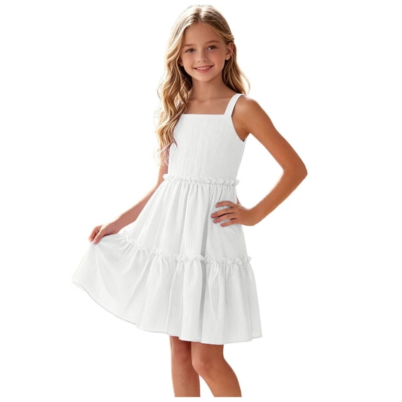 ASEIDFNSA Girls Sleeveless Ruffle Dress with Tiered Hem Smocked Bodice and A Line Fit (White,7-8 Years)