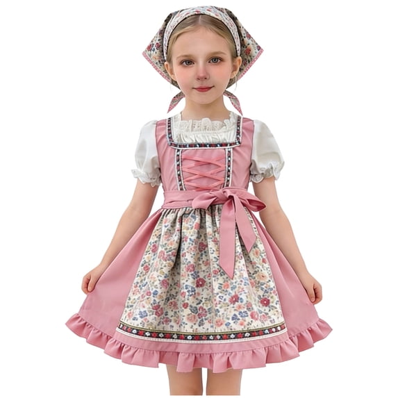 ASEIDFNSA Girls Summer Dirndl Dress with Apron Blouse and Floral Trim for Festival 9-10 Years