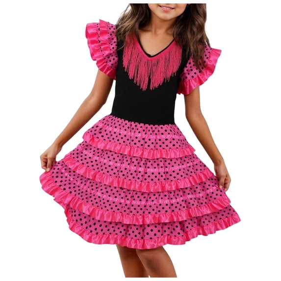 ASEIDFNSA Girls Summer Spanish Dance Dress with Polka Dot Print and Ruffle Layers 10-11 Years