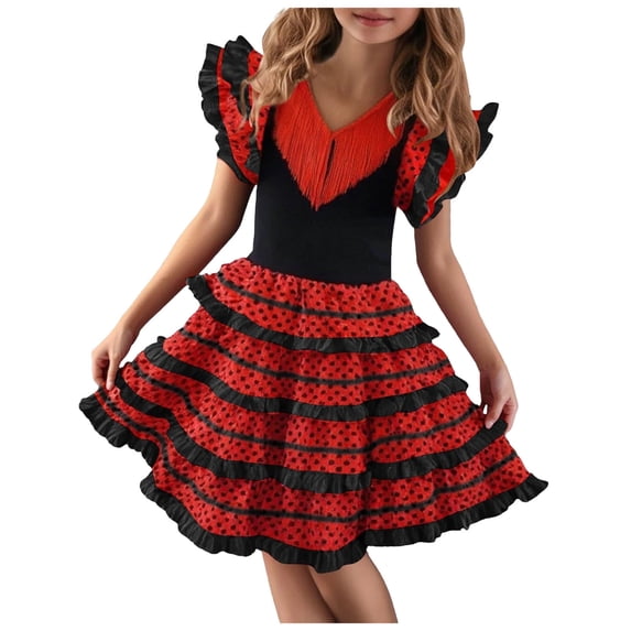 ASEIDFNSA Girls Summer Spanish Dance Dress with Polka Dot Print and Ruffle Layers 6-7 Years