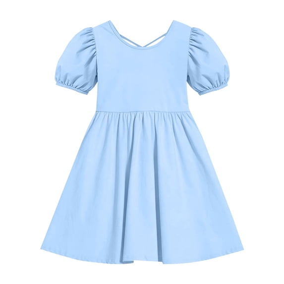 ASEIDFNSA Girls V Neck Puff Sleeve Dress with A Line Skirt Solid Color and Ruffle Detail (Blue,9-10 Years)