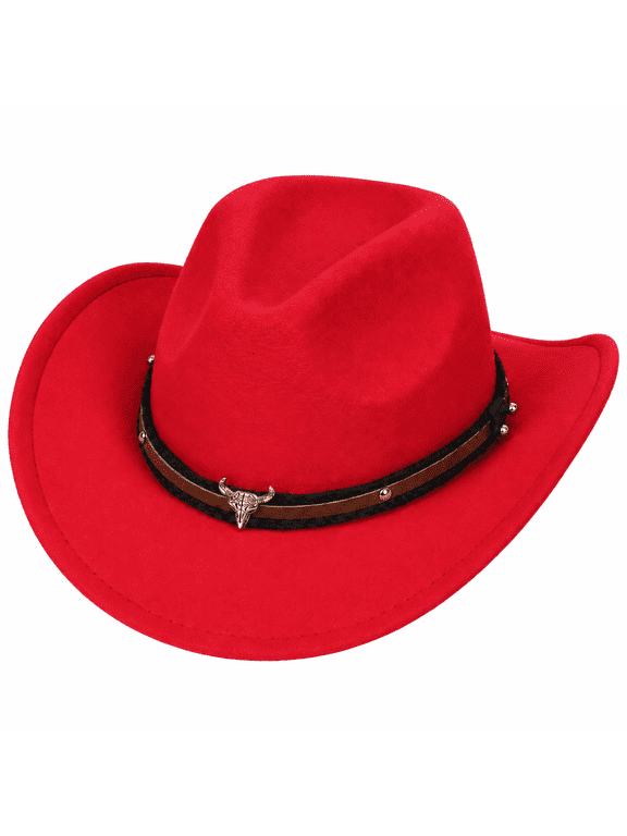 Kids Curved Brim Cowboy Hat with Buckle Band Detail for Boys Girls Birthday Red 3-18 Years