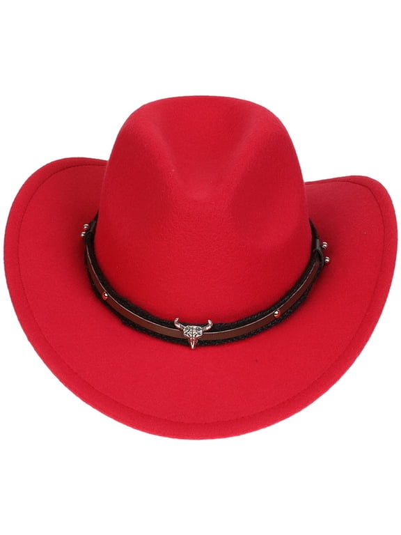 Kids Curved Brim Cowboy Hat with Buckle Band Detail for Boys Girls Birthday Red 3-18 Years