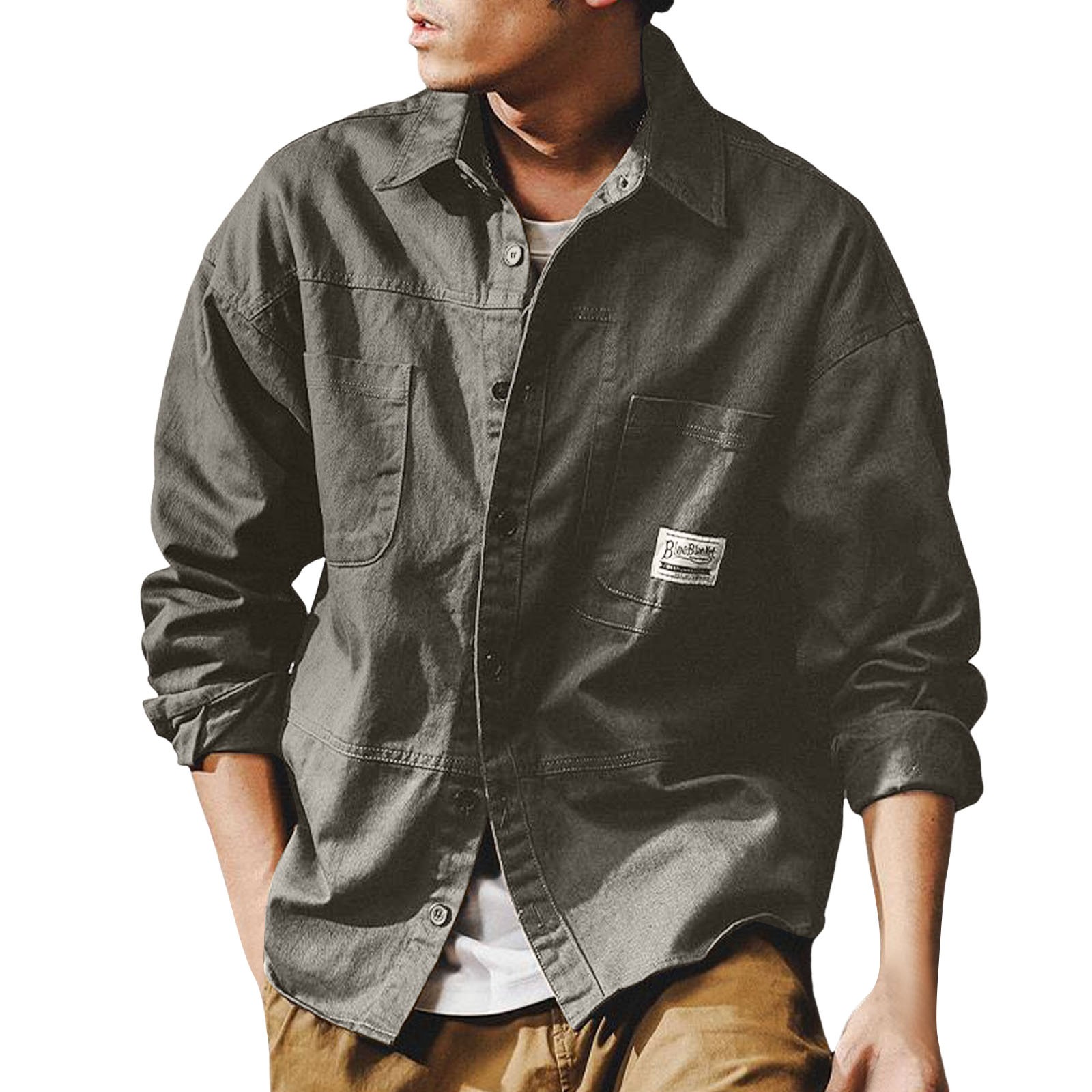 ASEIDFNSA Men Loose Denim Shirt Jacket Retro Lapel Work Clothes Big and