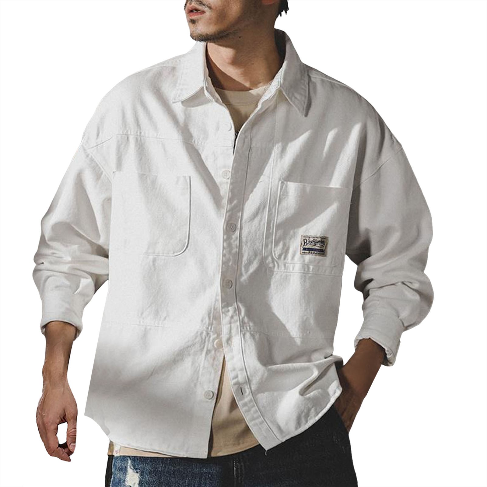 ASEIDFNSA Men Loose Denim Shirt Jacket Retro Lapel Work Clothes Big and