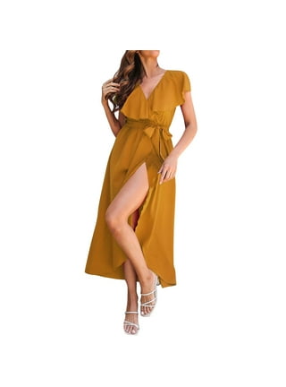 OUGES Women's Long/Short Sleeve V-Neck Wrap Waist Maxi Dress