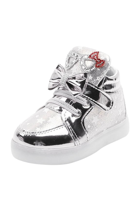 Toddler Girls Cartoon Glitter LED Flashing Shoes Slip-On Lightweight Bowknot Athletic Strap Sneakers Silver 9