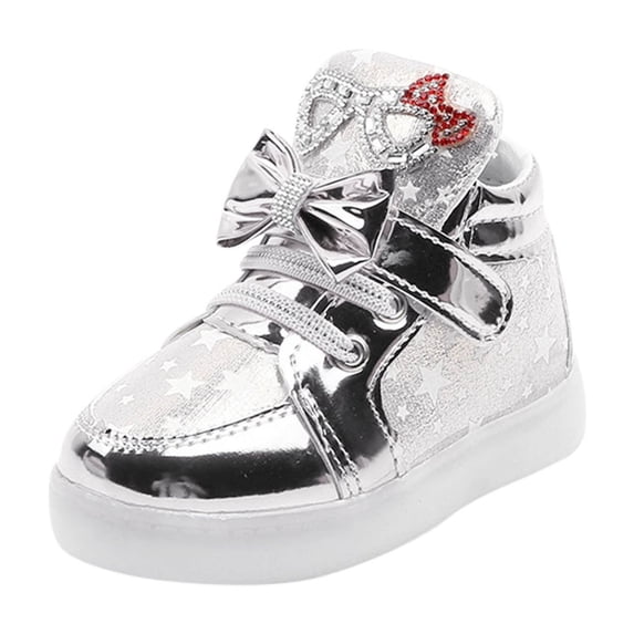ASEIDFNSA Toddler Girls Cartoon Glitter LED Flashing Shoes Slip-On Lightweight Bowknot Athletic Strap Sneakers Silver 9