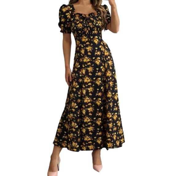 ASEIDFNSA Women Floral A Line Dress Square Neck Puff Sleeve Smocked Summer Midi Dress