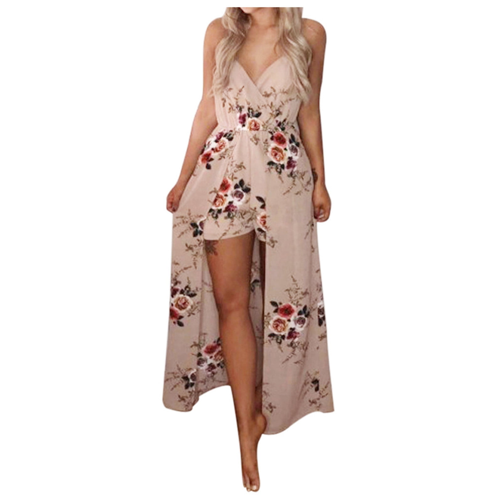 ASEIDFNSA Women S Long Sleeve Maxi Dress Dress With Shorts Underneath Women Sleeveless Trousers Dress Summer Beach Flower Playsuit Party Jumpsuit