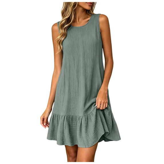 ASEIDFNSA Women Sleeveless Tank Dress Crew Neck Ruffle Hem Casual Mini Sundress