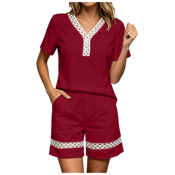 ASEIDFNSA Women V Neck Shorts Set Embroidered Trim Top and Casual Summer Shorts Beach Vacation Set