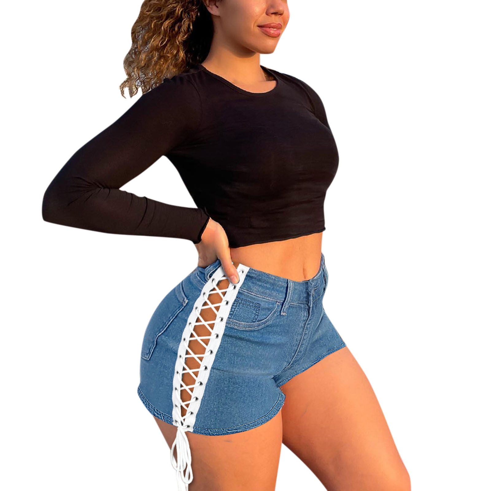 ASEIDFNSA Womens Bell Bottom Pants Women Plus Size Pants Elastic Waist  Womens Ripped Hole Denim Shorts Lace Up Jeans Pants Rave Clothes Night Club  