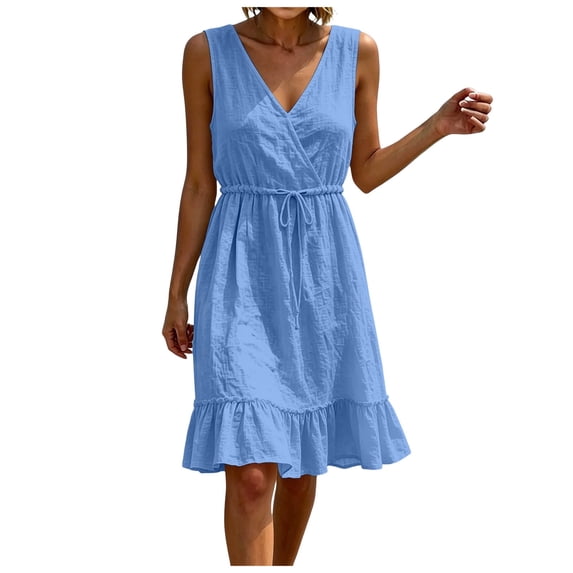 ASEIDFNSA Womens Cotton Midi Dress Sleeveless V Neck Tiered A Line Summer Sundress