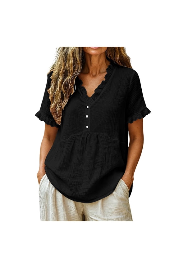 Womens V Neck Tops Short Sleeve Pintuck Tunic Shirt Casual Blouse Summer Loose Fit Top