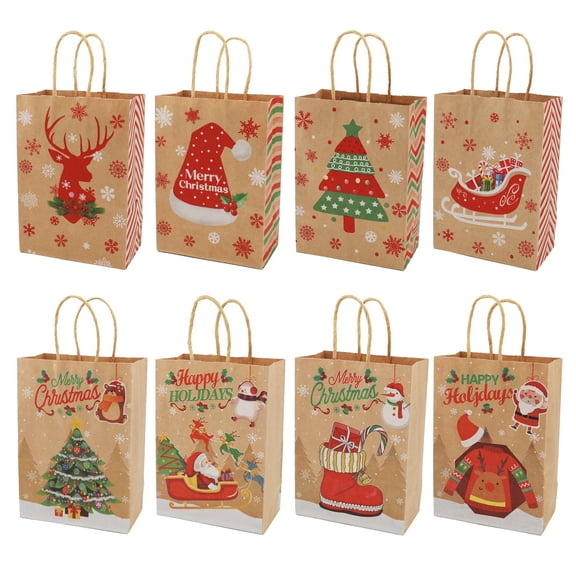 ASENEK 24 Packs Christmas Gift Bags, 8 Style of Gift Bags Small Size with Handles, Bulk Christmas Themed Kraft Bags Suitable for Christmas Party, Family Party Gift Bags