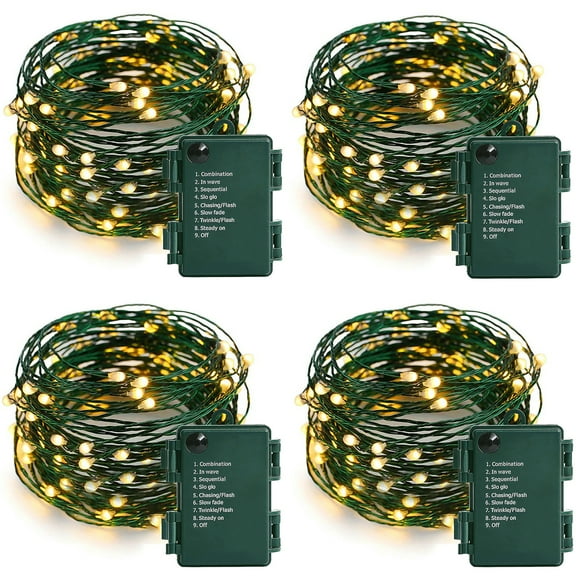 ASENEK Battery Operated String Lights - 18FT 50 LED Starry Lights Christmas Lights for Christmas Tree Wreath DIY Wedding, Warm White, 4 Pack