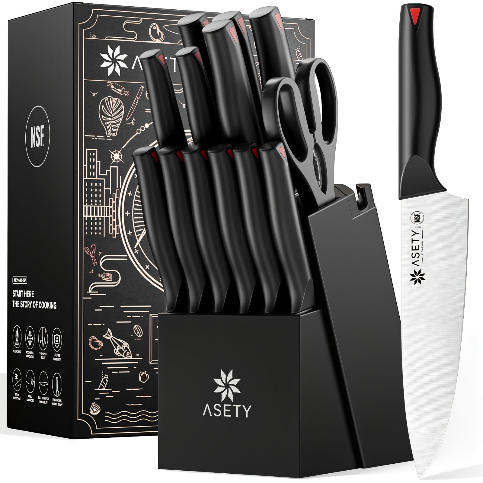 ASETY Knife Set, 15 PCS Kitchen knife Set with Bulti-in Sharpener Block ...