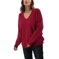 thumbnail image 1 of ASFGIMUJ 2023 New Style Knitted Pullover Top For Women Loose V Neck Casual Versatile Knitted Shirt For Women Red S, 1 of 7