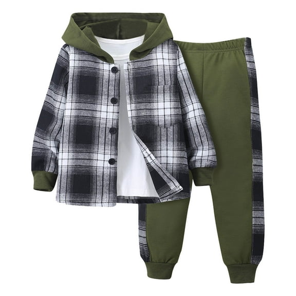 ASFGIMUJ 2Pcs Kids Boys Flannel Plaid Shirt Tops Pants Set Hoodie Sweatsuit for Fall Winter Spring Outfits 4-12 Years