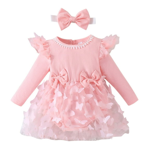 ASFGIMUJ Baby Boy Romper Long Sleeve Bowknot Solid Color Butterfly Tulle Ruffles Romper Bodysuits With Headbands Outfits Baby Bodysuits Girl Pink 9 Months-12 Months
