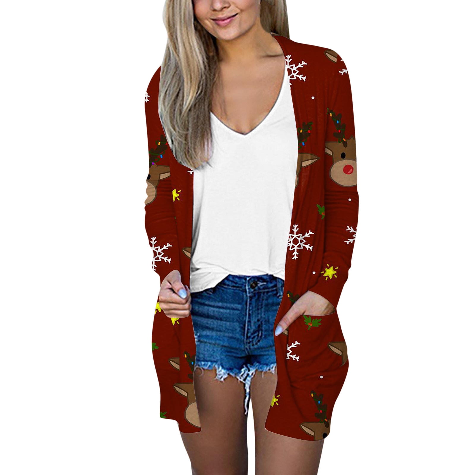 ASFGIMUJ Cardigan Sweaters For Women Christmas Print Fall Open Front Cardigan With Pockets