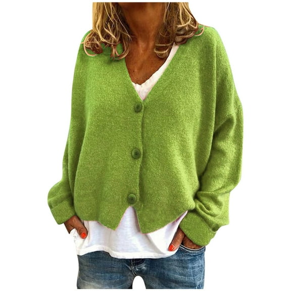 ASFGIMUJ Cardigan Sweaters For Women Solid V-Neck Buttons Casual Stretchy Knitted Sweater Coat Fall Tops